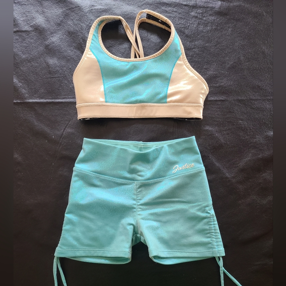 Justice Teal and Beige Dance Set - Sports Bra & High-Waist Shorts